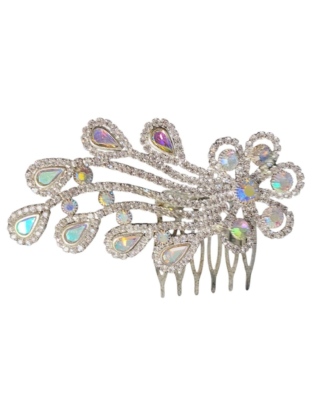 Silvertone Aurora Borealis & Clear Crystal Teardrop Hair Comb